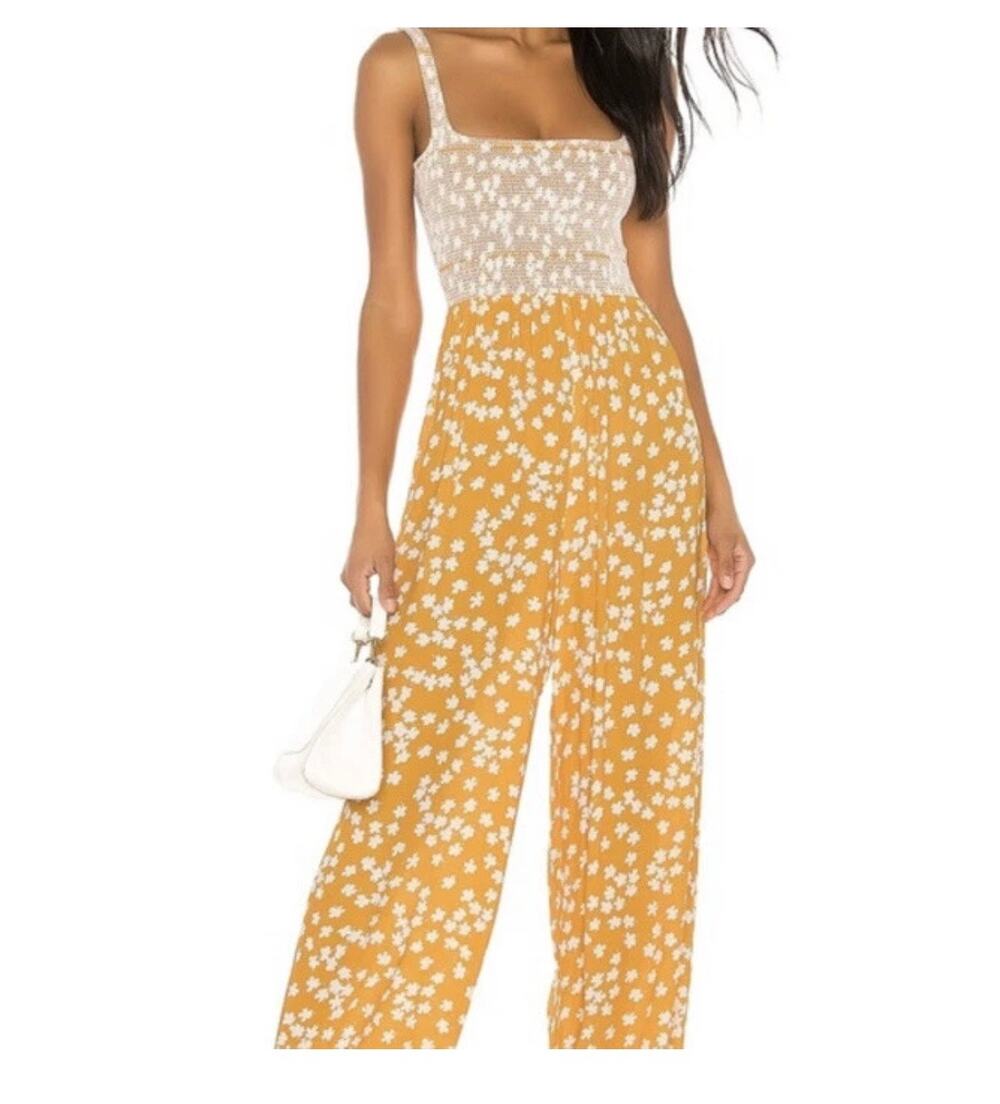 Revolve Capulet Yellow Lucky Floral Wren Smocked Jumpsuit Romper Size XS Boho